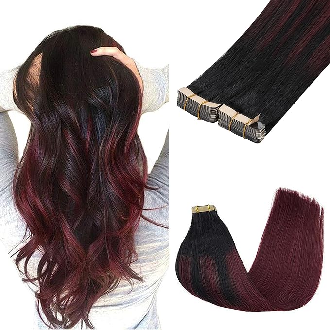 GOO GOO Tape in Hair Extensions Human Hair, 1/99 Balayage Jet Black to Red, 10inch 60g 40pcs, Skin Weft Seamless Invisible, Silky Straight with Thick Ends, Remy Human Hair