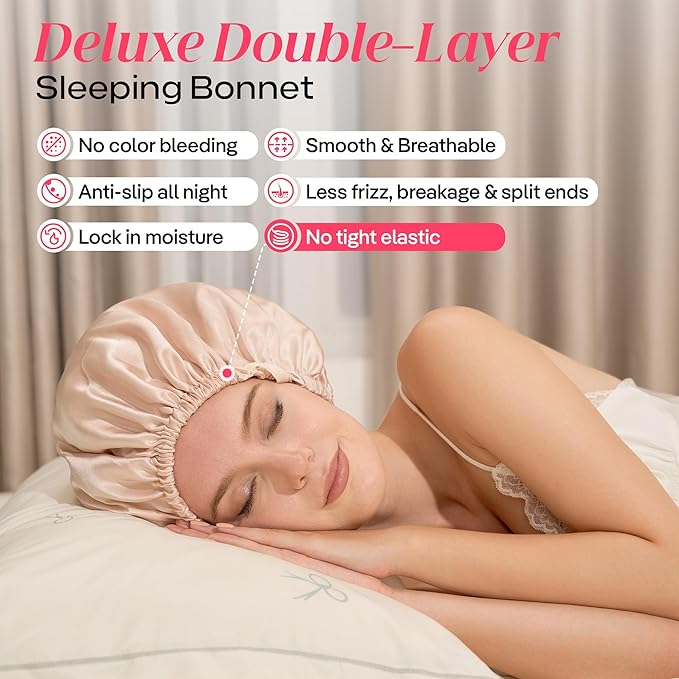 CoolMate Adjustable Satin Silk Bonnet for Sleeping Women, Tie Double Lined Silk Bonnet for Women Long Hair