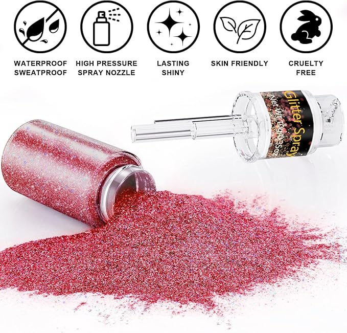Hair and Body Glitter Spray, 1PC Glitter Hairspray Dry Powder Makeup for Clothes, Festival Rave Prom Loose Sparkle Powder,Holographic Ultra Fine Resin Glitters for Crafts (1PC Red)