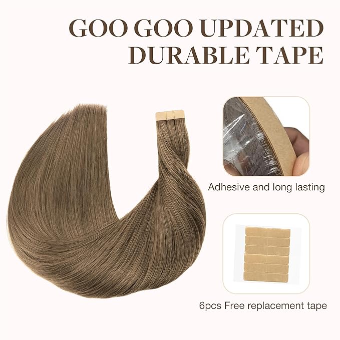 GOO GOO Tape in Hair Extensions Human Hair, 5 Light Ash Brown, 24inch 100g 40pcs, Skin Weft Seamless Invisible, Silky Straight with Thick Ends, Remy Human Hair