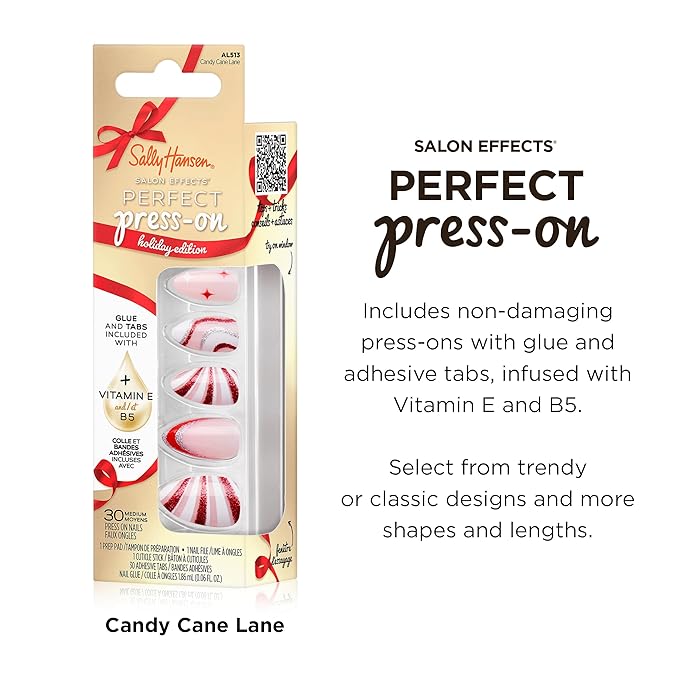 Sally Hansen Salon Effects Perfect Press-On Holiday, Candy Cane Lane, Press On Nails, Easy to Apply, Nail Glue & Adhesive Tabs Included