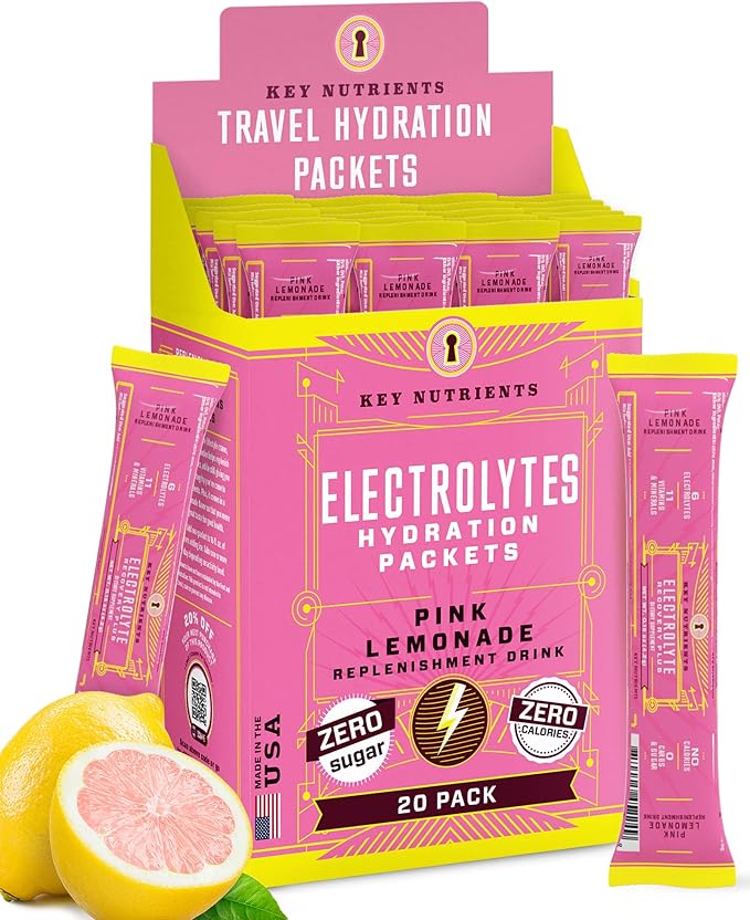 KEY NUTRIENTS Electrolytes Powder Packets - Fresh Pink Lemonade 20 Pack Hydration Packets - Travel Hydration Powder - Made in USA - No Sugar, No Calories, Gluten Free