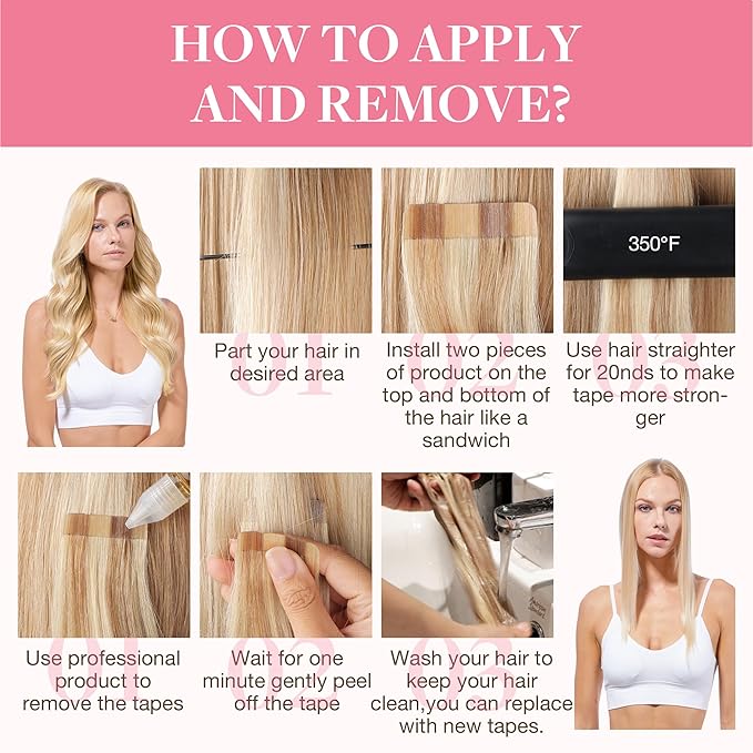 GOO GOO Tape in Hair Extensions Human Hair, 18D/22F Dirty Blonde Highlights, 20inch 100g 40pcs, Skin Weft Seamless Invisible, Silky Straight with Thick Ends, Remy Human Hair