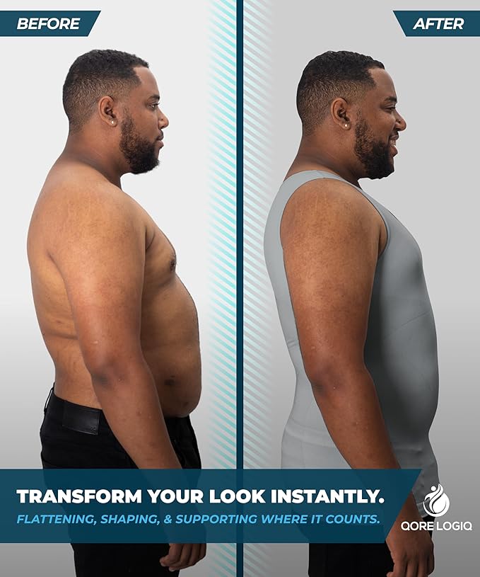 QORE LOGIQ Gynecomastia Compression Shirts for Men - Sleeveless Slimming Undershirts Tummy Control and Body Shaper Tank Top