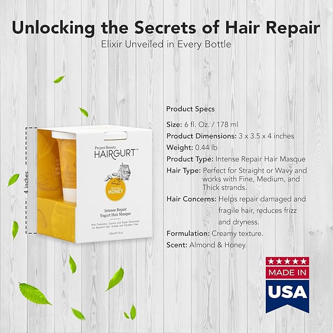 Almond Honey Intense Repair Yogurt Hair Mask – Deep Conditioner for Dry, Damaged and Frizzy Hair – Sulfate-Free, Natural Hydrating Treatment – Moisturizing Masque for Breakage – 6 oz
