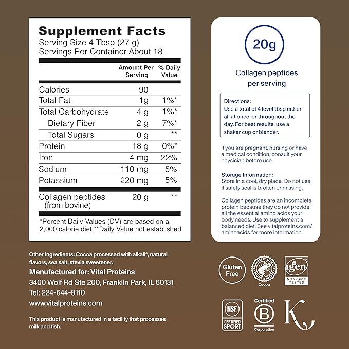 Vital Proteins Grass Fed Collagen Powder Supplement (Type I, III) for Skin Hair Nail Joint - Hydrolyzed Collagen, Grass Fed, Dairy and Gluten Free - Chocolate Flavor, 17.1 oz Canister