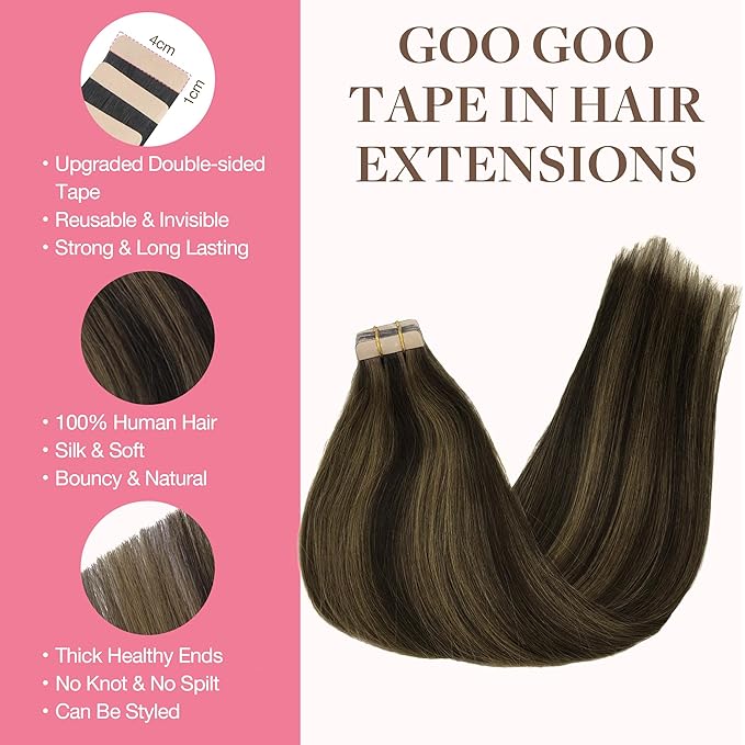GOO GOO Tape in Hair Extensions Human Hair, 2/6 Dark Brown Highlighted Chestnut Brown, 22inch 100g 40pcs, Skin Weft Seamless Invisible, Silky Straight with Thick Ends, Remy Human Hair