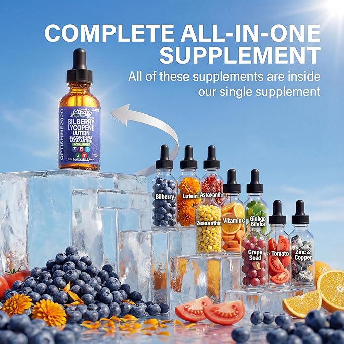 Clean Nutra Lutein and Zeaxanthin Eye Vitamins Supplement Lycopene Astaxanthin Bilberry Liquid Drops | Organic Astaxanthin Daily Lutein for Eyes Health Support Vitamin Minerals Extract | 60 Servings