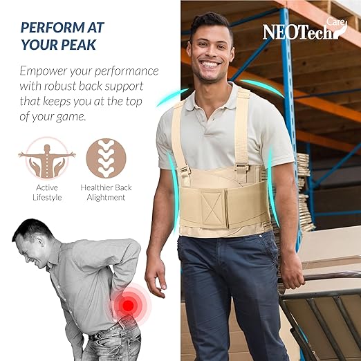 NeoTech Care Back Brace with Suspenders for Work - Industrial Lifting Safety, Elastic Compression, Hook & Loop Closure (Beige, Size M)