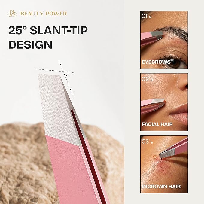 Professional Tweezers in Case - Slant, Durable Lightweight German Stainless Steel, Ultra Precision Tweezers for Eyebrows, Facial Hair, Chin, and Ingrown Hair Removal - Valentine's Gift