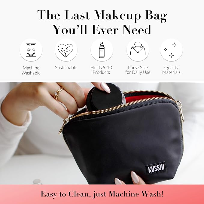 KUSSHI Washable Travel Makeup Bag for Purse (Everyday, Satin Black/Red)