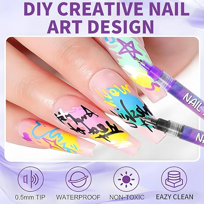 12 Colors Nails Art Pens Set,Upgrade Nails Art Markers with 0.5mm Fine Tip,Nails Art Markers Polish Pen for 3D Nails Art,Drawing Painting Liner Brush for DIY Nails Art Drawing Painting Tools(C-3 Sets)