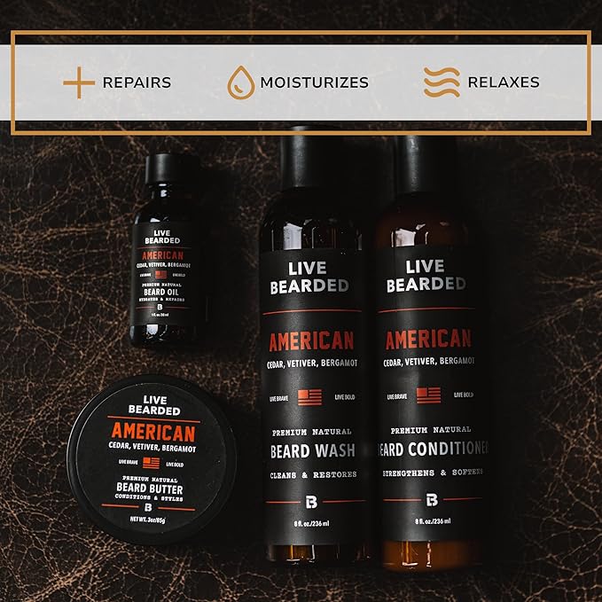 Live Bearded Complete Beard Grooming Kit - Wash, Conditioner, Butter and Oil - Made in the USA with All-Natural Ingredients - Mens Groom Set | American Scent - Cedar, Vetiver, Bergamot