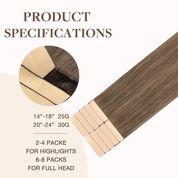 GOO GOO Tape in Hair Extensions Human Hair, 5 Light Ash Brown, 18inch 25g 10pcs, Skin Weft Seamless Invisible, Silky Straight with Thick Ends, Remy Human Hair