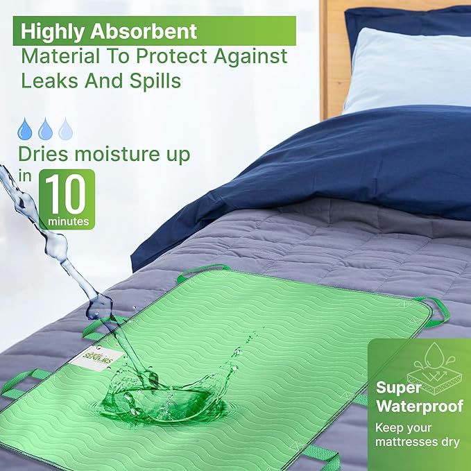Absorbent Positioning Bed Pads for Elderly with 6 Handles 34"x36"- Washable Waterproof Incontinence Draw Sheets - Reusable Bed Mobility Under Pads for Seniors Disabled & Bedridden Patients-Fast-Drying