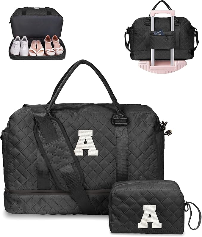Trendy Gifts for Women-Initial Duffle Bag with Shoe Compartment, Personalized Weekender Bags, Monogram Overnight Bag for Women, Letter Travel Bags with Makeup Pouch (Letter A)