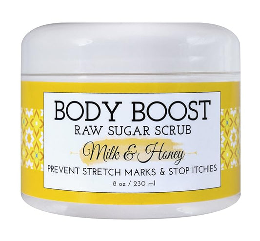 Body Boost Milk & Honey Sugar Scrub 8 oz- Help Prevent Dry Skin, Stretch Marks, and Scars- Pregnancy and Nursing Safe- Allergen Free