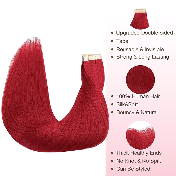GOO GOO Tape in Hair Extensions Human Hair, Red, 20inch 30g 10pcs, Colored Tape ins Human Hair Extensions, Silky&Soft Invisible Tape Ins, Hair Highlighted for Party