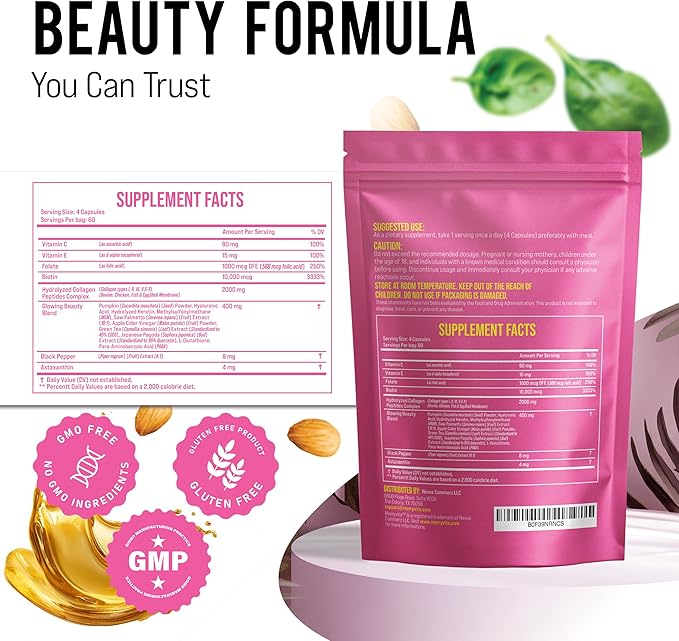 MERRY VITA Collagen for Women – Hydrolyzed Multi Collagen Peptides Types I, II, III, V & X – Collagen Supplement with Vitamin C, Biotin & Hyaluronic Acid – Grass Fed, Non-GMO, 240 Capsules