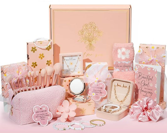 Valentines Day Gifts for Tween & Teen Girls - 8 PCS Birthday Gift Basket Teenage Girl Gifts Trendy Stuff w/ Fun Task Tags Makeup Brushes & Bag, Empower Positive Wrapped Gift Box for Daughter Niece