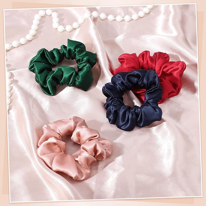 4Pcs Green Mulberry Silk Hair Scrunchies, Red Gifts for Women Girls Silk Hair Ties for Hair Sleep for Frizz Breakage