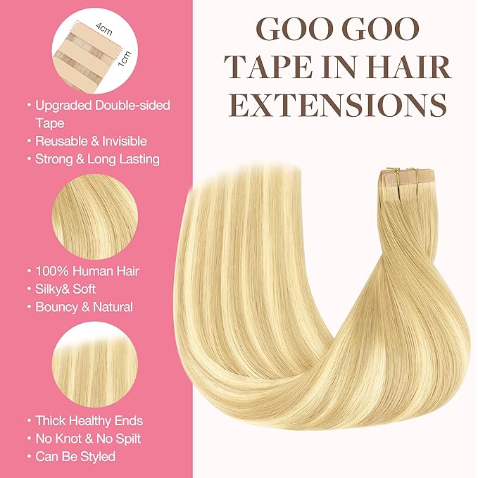GOO GOO Tape in Hair Extensions Human Hair, 18AT60A Pearl Ash Blonde Highlights, 14inch 100g 40pcs, Skin Weft Seamless Invisible, Silky Straight with Thick Ends, Remy Human Hair