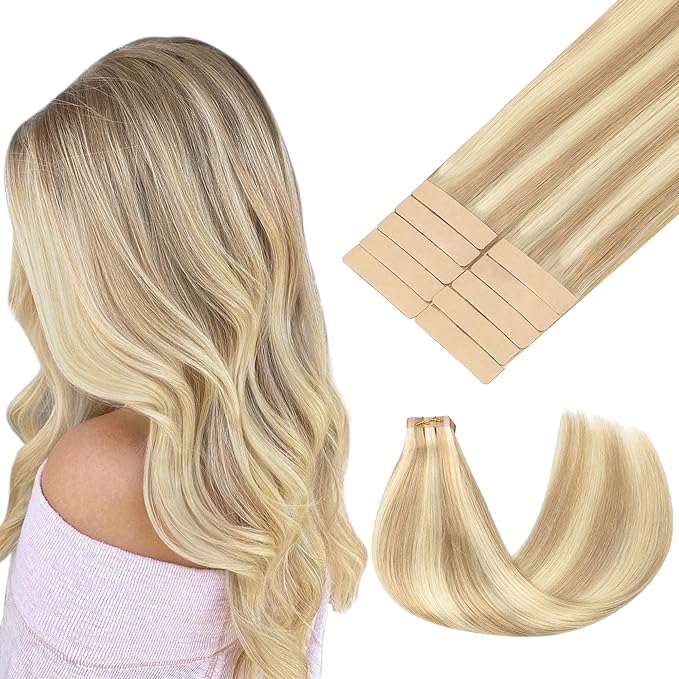 GOO GOO Tape in Hair Extensions Human Hair, 18A/613A Dark Blonde Highlighted Bleach Blonde, 18inch 25g 10pcs, Skin Weft Seamless Invisible, Silky Straight with Thick Ends, Remy Human Hair