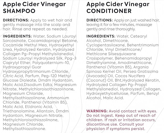Apple Cider Vinegar Shampoo and Conditioner Set - Stop Flaky and Itchy Scalp – Sulfate Paraben Free Anti Dandruff Soothing Treatment for Dry, Oily and Damaged Hair - Intense Care for Women and Men