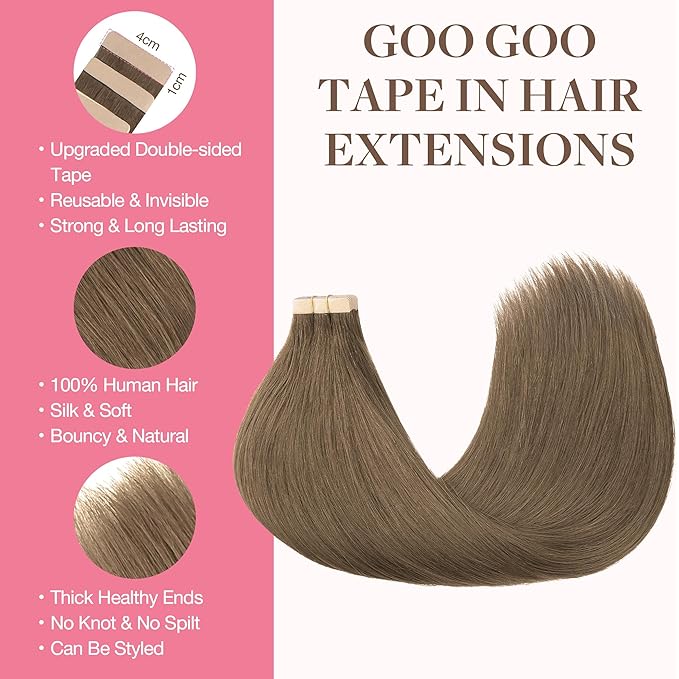 GOO GOO Tape in Hair Extensions Human Hair, 5 Light Ash Brown, 24inch 100g 40pcs, Skin Weft Seamless Invisible, Silky Straight with Thick Ends, Remy Human Hair