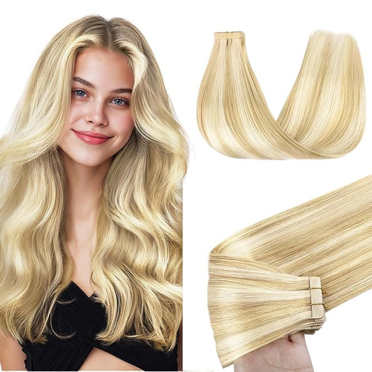 GOO GOO Tape in Hair Extensions Human Hair, 18D/22F Dirty Blonde Highlights, 24inch 50g 20pcs, Skin Weft Seamless Invisible, Silky Straight with Thick Ends, Remy Human Hair