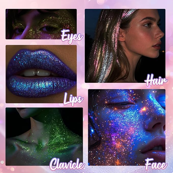 CAHOTO Aurora Rolling Glitter for Face Body & Hair, Sparkling Holographic Chunky Shimmer, Roll-on Sequins for Singer Concert Rave Festival Halloween Party Carnival, 1.35fl.oz