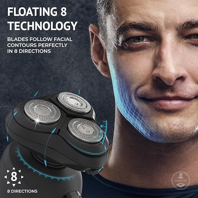 MANECODE® Electric Razor for Men - Shaver with Floating 8 Contouring Technology® IQ Cleaning Sensor® (Charging Station)