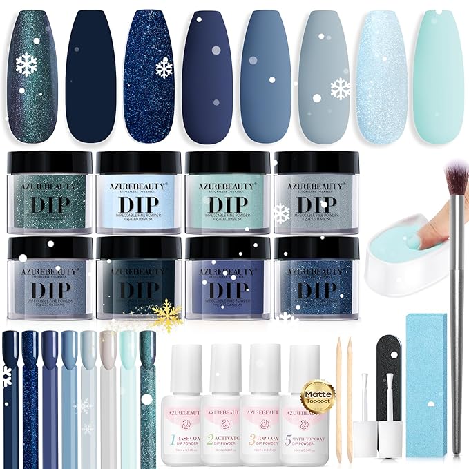 AZUREBEAUTY 30Pcs Dip Powder Nail Kit Starter with Nail Sticks, Glitter Baby Dark Blue 8 Colors Dipping Powder Liquid Set Added Matte Top Coat for Fall Winter Nail Art Manicure Salon DIY Home Gift