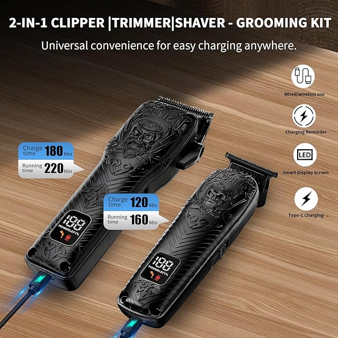 BESTBOMG Professional Cordless Mens Hair Clippers & Beard Trimmer Kits & Sets,Metal Hair Clippers Cutting Grooming Kit with Long Battery Life for Family Barber Use (Black)