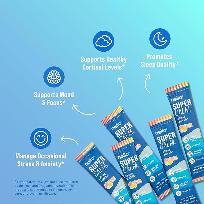 Nello Supercalm Powdered Drink Mix, Cortisol Reducer* and Sleep Aid Supplement, L Theanine, Ksm-66 Ashwagandha, Magnesium Glycinate, Vitamin D 3, No Sugar, Non GMO, On The Go, 20 Ct, Yuzu Guava