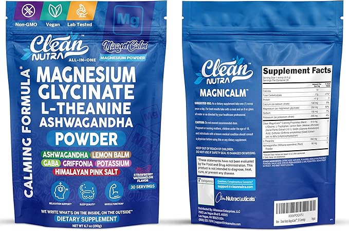 Magnesium Glycinate Powder Supplement + L Theanine Ashwagandha Glycine Apigenin Lemon Balm GABA 5HTP Pink Salt Potassium L Tryptophan Calcium | Powdered Sleep Aid Calm Trace Minerals Vitamin