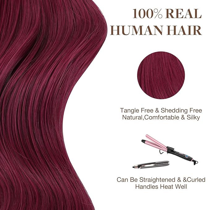 GOO GOO Tape in Hair Extensions Human Hair, Burgundy Red, 14inch 25g 10pcs, Colored Tape ins Human Hair Extensions, Silky&Soft Invisible Tape Ins, Hair Highlighted for Party
