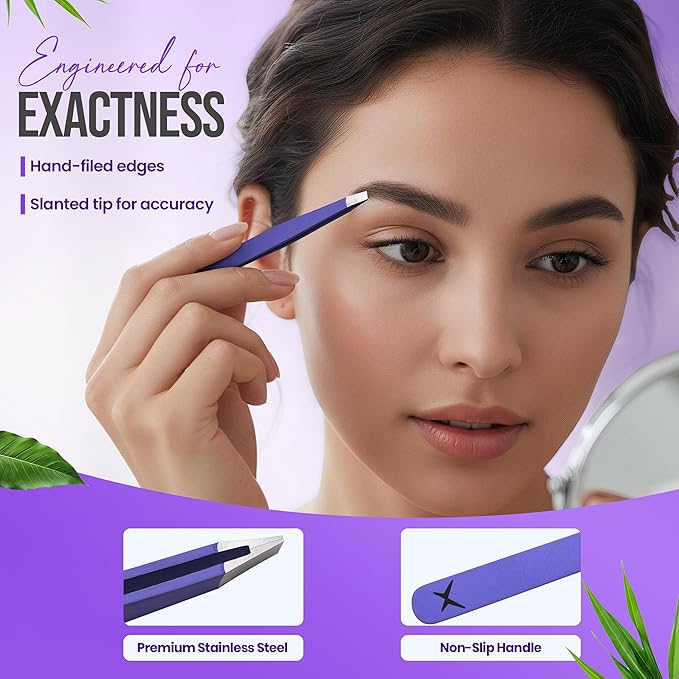 Stainless Steel Mini Slant Tweezer - Professional Precision Eyebrow Tweezers for Women & Men, Rust-Proof Travel Grooming Tool for Facial Hair Removal, Chin Hair & Ingrowns (Purple)