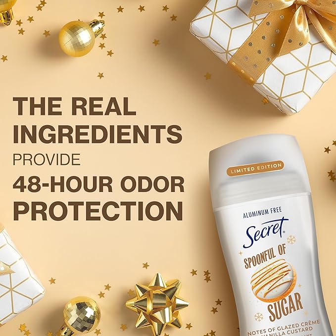 Secret Aluminum Free Deodorant for Women, 48hr Odor Protection with Pro-Hyaluronic Acid, PH Balancing Minerals, Holiday Dry Solid, Spoonful of Sugar with Glazed Crème & Vanilla Custard Scent, 2.4 oz