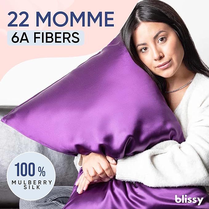 Blissy Silk Pillowcase - 100% Pure Mulberry Silk - 22 Momme 6A High-Grade Fibers - Silk Pillow Cover for Hair & Skin - Regular, Queen & King (Royal Purple, King)