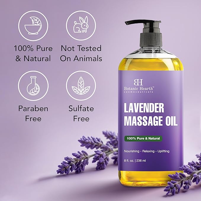 Botanic Hearth Massage Oil |Refreshing, Relaxing Massage Oils for Muscle Relaxing & Joint Comfort | Made with Natural Oils | for All Skin Types, for Men & Women | Lavender Oil 8 Fl Oz