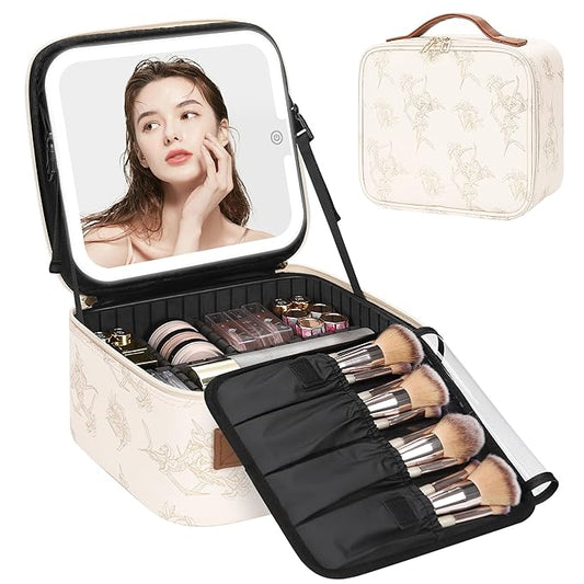 Relavel Travel Makeup Bag With LED Mirror, Portable Cosmetic Organizer Bag with Adjustable Brightness in 3 Color Scenarios, Small Train Case with Detachable Dividers for Trip- Lily Flower