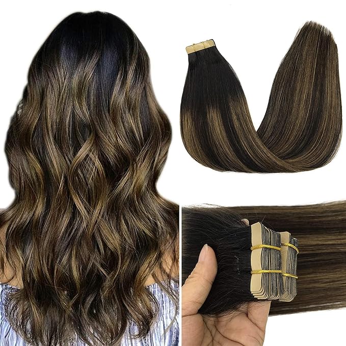 GOO GOO Tape in Hair Extensions Human Hair, 1B/6/1B Balayage Natural Black to Chestnut Brown, 26inch 60g 20pcs, Skin Weft Seamless Invisible, Silky Straight with Thick Ends, Remy Human Hair