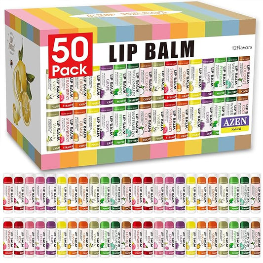 AZEN 50 Pack Lip Balm, Natural Lip Balm Bulk, Lip Care Product, Moisturizing Lip Balms for dry cracked lips - 12 Flavors