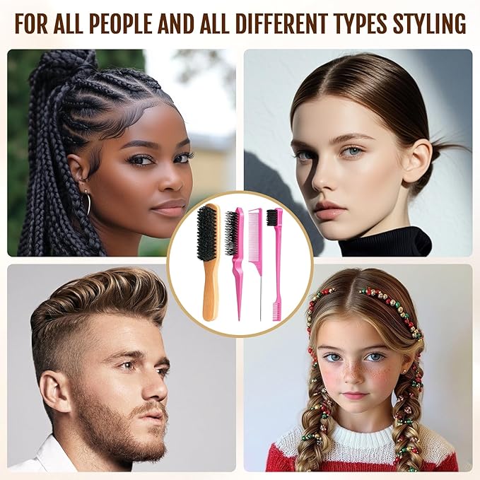 Boar Bristle Slick Back Hair Brush for Smooth Flyaways, Frizz, Sleek Ponytail, Buns and Edge Baby Hair, Teasing | Hair Comb, Edge Brush, Teasing Brush Styling Accessories for Girls, Kids, Women & Men