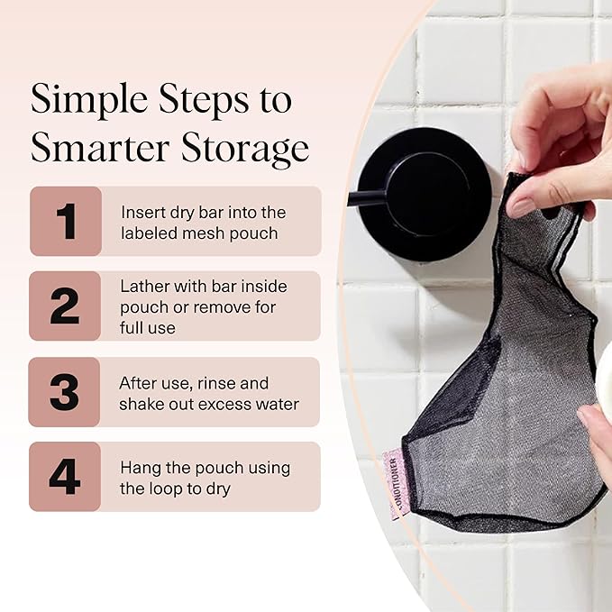 Kitsch Bar Soap Saver Bag – Patented Mesh Bag Soap Holder for Shampoo and Conditioner Bars - Extends Use & Prevents Soggy Mess - Recycled Mesh Beauty Pouch, Eco-Friendly – Black