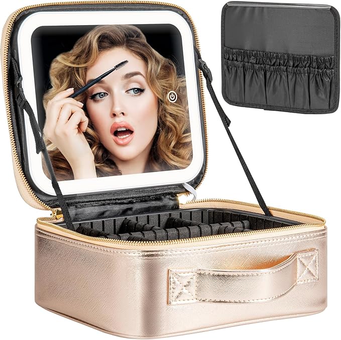 Makeup Travel Train Case with Mirror LED Light 3 Adjustable Brightness Large Cosmetic Bag Portable Storage Adjustable Partition Waterproof Make up Brushes Makeup Jewelry Gift for Women
