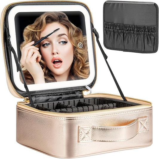 Makeup Travel Train Case with Mirror LED Light 3 Adjustable Brightness Large Cosmetic Bag Portable Storage Adjustable Partition Waterproof Make up Brushes Makeup Jewelry Gift for Women