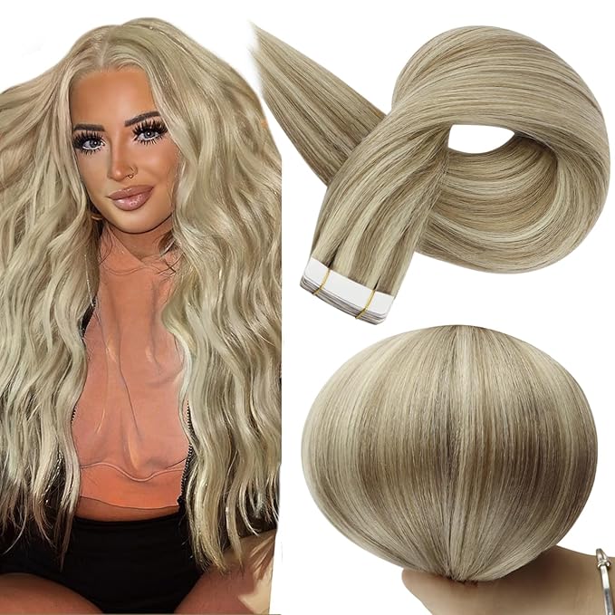 Full Shine Hair Extensions Tape in Color 16P22 Highlighted Blonde Tape in Hair Extensions Human Hair Bridal Hairstyles 20Inch 100G 40Pcs Straight Silky Seamless Skin Weft
