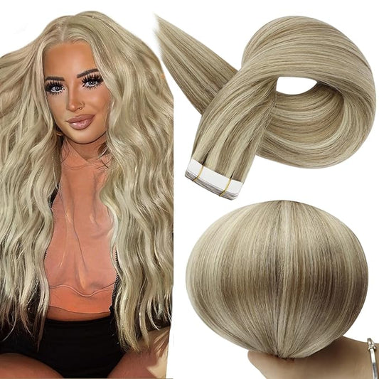 Full Shine Human Hair Tape in Extensions Color 16P22 Highlighted Blonde Tape in Hair Extensions 22Inch 100G Long Extension Seamless Skin Weft for Daily Office Look 40Pcs